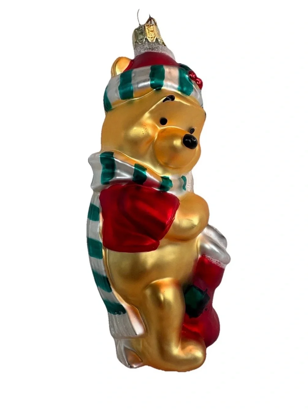 DISNEY Pooh Bear Vintage  CHRISTMAS Ornament Mouth Hand Blown Pooh with Stocking